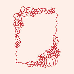 Fall frame of bowknot decorated pumpkin with leaves, cute flowers. Autumn holiday background. Vintage template for greeting card, invitation, social media. Coquette aesthetic