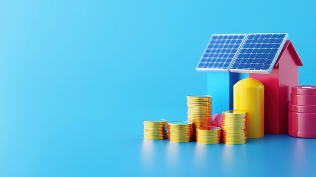 Colorful representation of renewable energy with solar panels, houses, and stacks of coins symbolizes investment in sustainable living