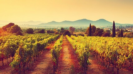 Naklejka premium Golden hour vineyard aerial landscape: neat grapevine rows bathed in warm sunset glow, soft long shadows with distant blurred hills