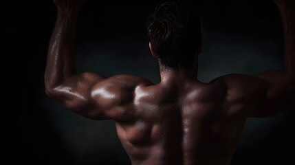 Muscular man s back flexing during a powerful upper body workout highlighted by dramatic low key lighting and visible sweat