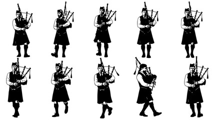 Vector art of bagpiper set of different bagpiper playing the bagpipes in traditional scottish dress icons