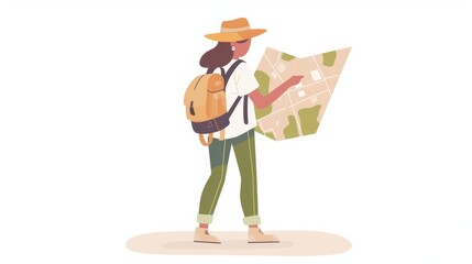 An illustrated character in a wide-brimmed hat and green pants studies a colorful map while wearing a backpack,
