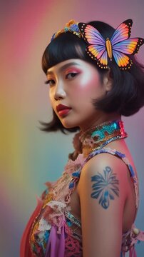 A woman with a butterfly tattoo on her shoulder, wearing a colorful outfit in the style of year 2050 with a mix of patterns and lace details. Her hair is styled up with a matching headband