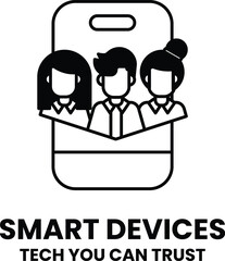 A black and white image of three people with a phone in the middle