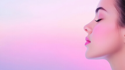 Serene female portrait showcasing side profile with soft features and pastel background. gentle hues evoke calm and peaceful atmosphere