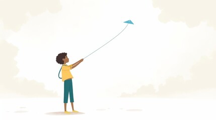 A young boy in a yellow shirt and green shorts holds a blue kite string in an open space under a pale sky with white clo