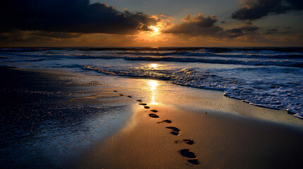Sunset Beach Footprints Ocean Night.