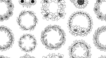Vector art of seamless pattern of hand drawn floral wreaths, perfect for adding a touch of nature to designs