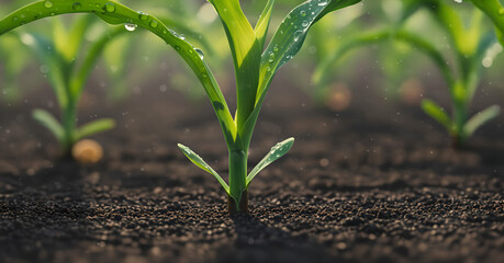 Young corn plant with water drops in fertile soil