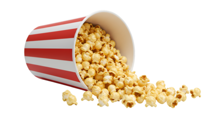 Popcorn Spillage: An appetizing and photorealistic composition showcasing a classic red and white striped popcorn container.