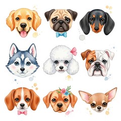 Fototapeta premium Cute cartoon dog heads featuring various dog breeds with unique expressions and accessories arranged in a grid