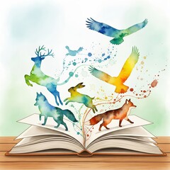 Creative illustration of animals emerging from an open book in a colorful design showcasing nature and imagination