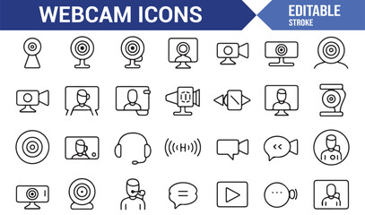 Technology webcam icons set in outline style with recording, chat, live meeting, and communication symbols
