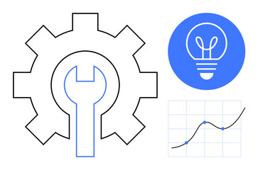 Gear and wrench signify engineering and tools, light bulb represents idea generation, and line graph reflects data analysis and growth. Ideal for innovation, problem solving, engineering, business