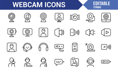 Editable stroke webcam icons pack including broadcast, multimedia, headset, internet, and video calls