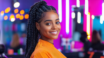 Smiling woman with braided hair in vibrant salon setting, showcasing stylish look and cheerful expression