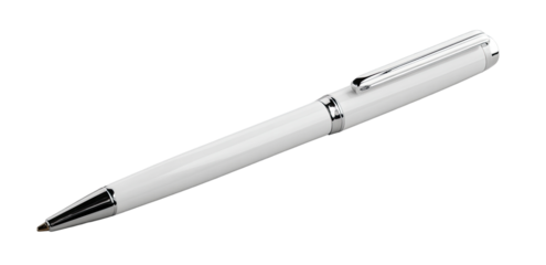 A white ballpoint pen angled, showcasing a smooth, polished surface