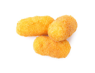 Delicious fried croquettes isolated on white, top view