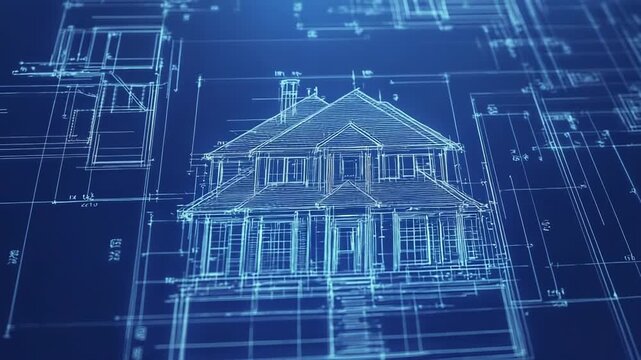 Futuristic hologram of a two story house project showing architectural plans