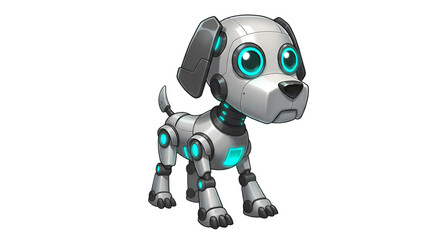 Cyber Puppy: A futuristic, cartoon robot dog, designed with metallic silver and neon blue accents. Depicts advanced robotic design and digital technology, showcasing innovation in pet companions. 