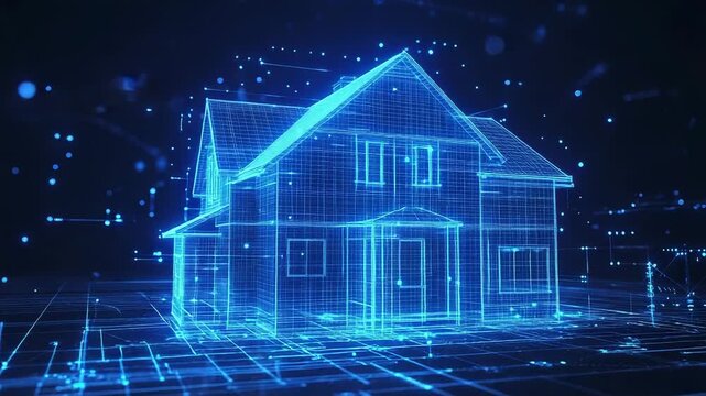 Futuristic wireframe house emerging from digital data stream