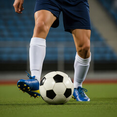 football player kicking ball. View of a soccer player's legs performing a kick on football during a summer tournament.