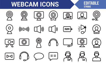 Line art webcam icon set featuring microphone, headset, recording, online meeting, and live streaming
