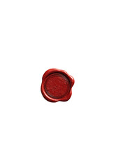Close-up of a circular, red wax seal.  The seal is smooth and shows a slightly textured surface.  A reddish-brown border surrounds the seal, which is set against a deep black background