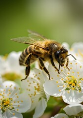 Honey bee on white spring blossom, Macro close-up of honey bee collecting nectar and pollen on white cherry blossom with blurred green background