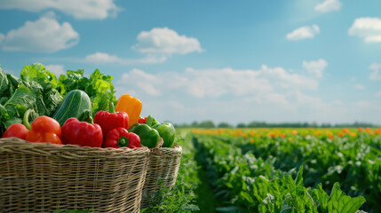 Fresh vegetables in straw baskets, vibrant colors, sunny day, lush green field, agricultural landscape, healthy food