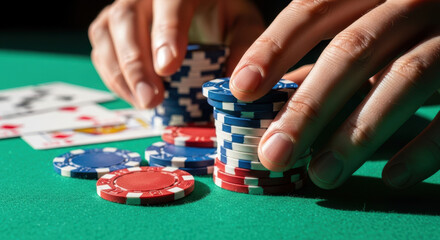Poker game with player stacking blue and red chips on green table while holding playing cards in hand. Poker strategy includes careful allocation of chips.