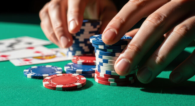 Poker game with player stacking blue and red chips on green table while holding playing cards in hand. Poker strategy includes careful allocation of chips.