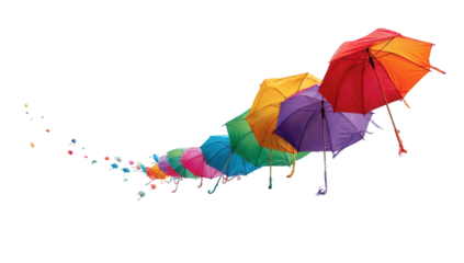 Colorful umbrellas in a flowing, abstract design against a black background