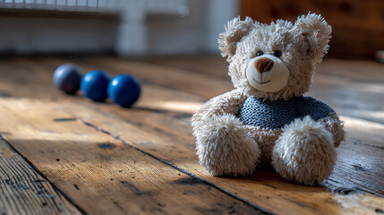 Obraz premium Teddy bear with blue balls, and wood floor.