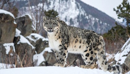 Obraz premium A magnificent snow leopard stands proudly atop a snowy mountain ridge, showcasing its striking pattern and regal presence.