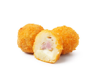 Delicious fried croquettes with cheese and ham isolated on white