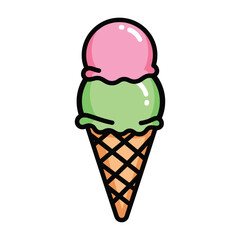Pink and green ice cream scoops in a waffle cone dessert sweet