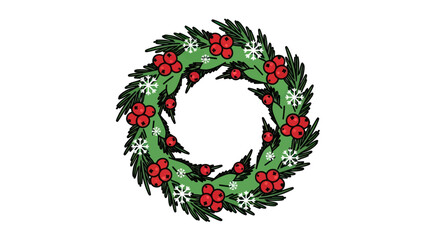Colorful Christmas Wreath Design with Berries and Snowflakes.