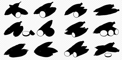 Fototapeta premium A grid of black banana silhouettes with white circular cross-sections and slices on a transparent background.