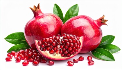 Juicy pomegranate cut open with shiny red seeds vibrant organic fruit healthy antioxidant rich food isolated on white background

