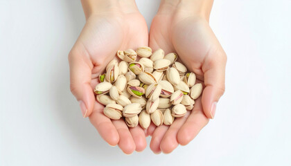 Hands holding pistachio nuts on clean white background minimalist style healthy snack natural food close up freshness organic simple inviting soft light
