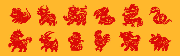 Chinese zodiac. China New Year animals. Horoscope symbols. Rat, Bull, Tiger, Rabbit, Dragon, Snake, Horse, Goat, Monkey, Rooster, Dog, Pig. Oriental signs. Vector set