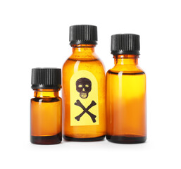 Bottles of poisons with warning sign isolated on white