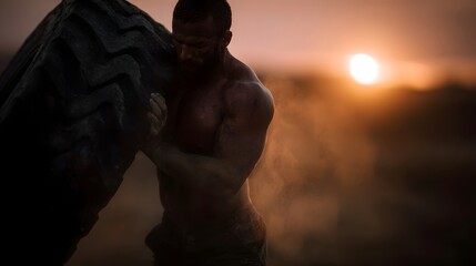 Muscular man intensely lifts a heavy utility tire during a challenging outdoor workout at sunset kicking up dust and showcasing immense strength
