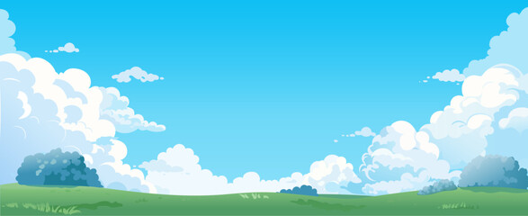 Summer landscape with clouds. Background with sky and field. Horizontal green meadow scene, country hills view, spring pastures with blue sky, grass, outdoor lawn. Vector poster © Foxy Fox
