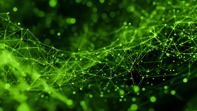 Abstract green network background with connecting lines and glowing particles