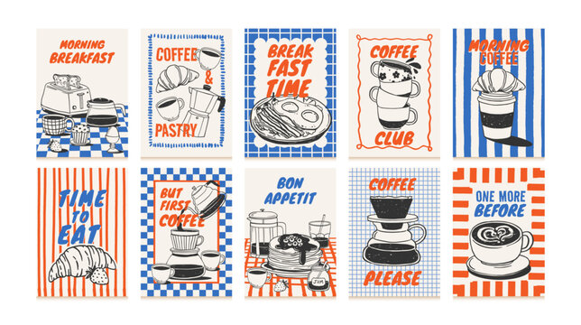 Coffee and breakfast poster. Food and drink cards. Hand drawn coffee cups, pastry, morning meals, croissant, cappuccino, eggs. Doodle text posters for cafe menu. Vector set - Powered by Adobe