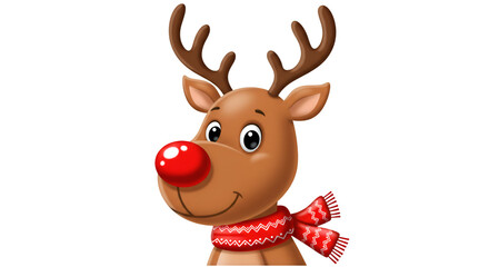 Christmas Reindeer Portrait: A cheerful Christmas reindeer sporting a vibrant red nose and a cozy, festive scarf, smiles warmly, embodying the spirit of joy.