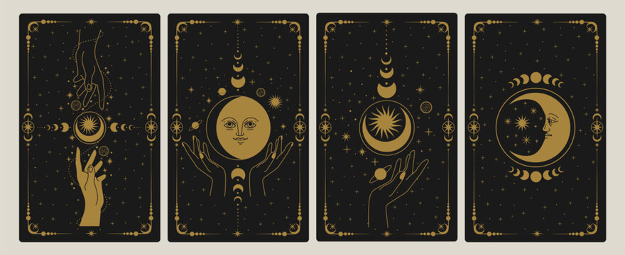 Tarot cards. Magical tarot card cover. Spiritual fortune telling, prediction, spiritual guidance. Magic card with moon, sun, celestial phase. Astrology symbols. Vector set
