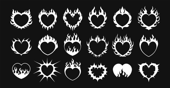 Hearts tattoo. Y2K neo tribal heart shape. Abstract gothic neotribal stickers, cyber and techno style, love elements, burning fire ornament on futuristic heart 2000s. Vector set